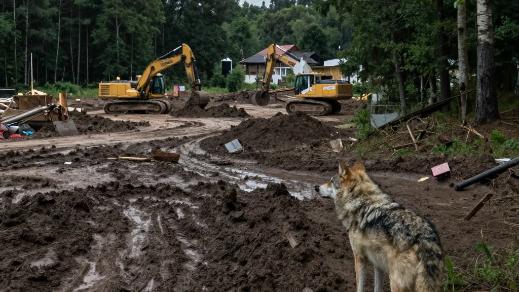 Illustration for: Wolves invade Finnish villages as Google's data center construction displaces wildlife